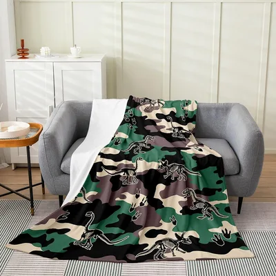 Green Camouflage Pattern Blanket: Dinosaur Skeletons and Camo Design
