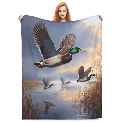 Mallard Ducks Flying Over Marsh Blanket: Wildfowl Art for Hunters
