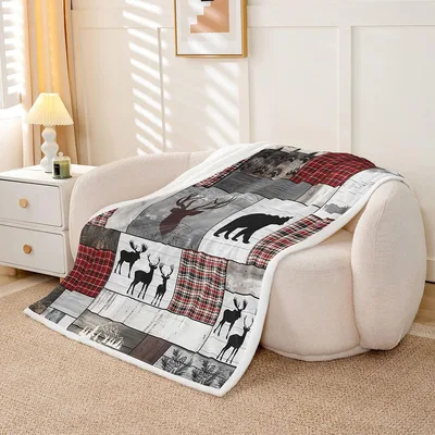 Hunting Deer and Bear Blanket featuring rustic patchwork