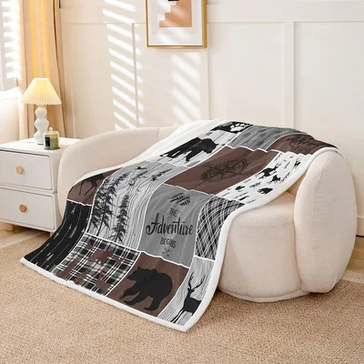 Retro Cabin Bear Blanket featuring a rustic patchwork design