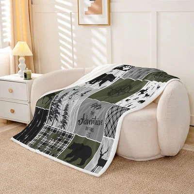 Rustic Farmhouse Bear Deer Blanket featuring a patchwork of bear