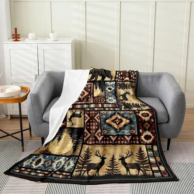 Rustic Bear Hunting Cabin Blanket with Deer and Aztec Patchwork Design