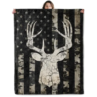 Deer Antlers Camo Flag Blanket: Rustic Deer Head on Distressed Flag