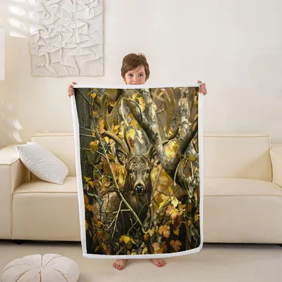 Forest Deer Camo Pattern Blanket: A Realistic Stag in Autumn Woods