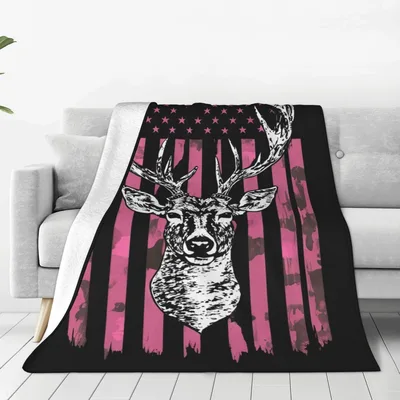 Deer Head American Flag Pink Blanket: Camo Hunting Design