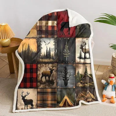 Deer Elk Patchwork Woodland Blanket Forest Scene Throw