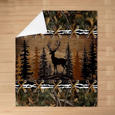 Deer in Forest Camo Blanket featuring a buck silhouette