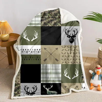 Camo Deer Antler Patchwork Blanket: Rustic Hunting Themed Throw