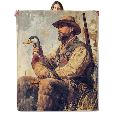 Hunter with Duck Painting Blanket: Rustic Art for Outdoor Lovers
