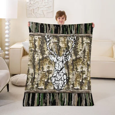 Green Camo Deer Skull Blanket: Rustic Wood and Camo Print
