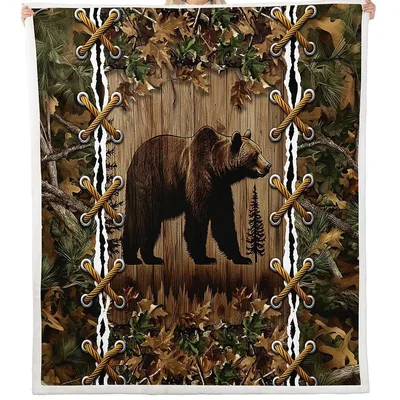 Grizzly Bear in Camo Blanket: Rustic Forest Art with Laced Border