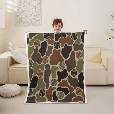 Brown Green Camo Pattern Blanket with Baseball Motif