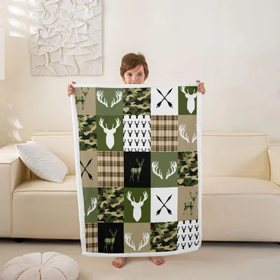 Green Camo Deer Patchwork Blanket for Hunting Enthusiasts