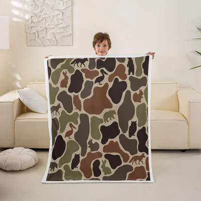 Brown Green Camouflage Pattern Blanket with Wildlife Silhouettes