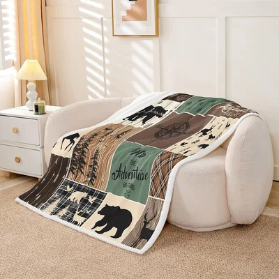 Bear and Deer Cabin Patchwork Blanket for Forest Lovers