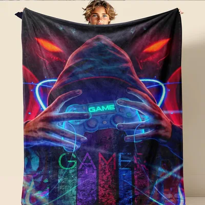 Hooded Gamer Neon Pattern Blanket: Hooded Figure Holding Controller
