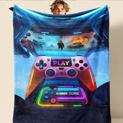 Game Controller Space Capsule Blanket: Neon Controls and Combat Scenes