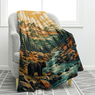 Bear Lover Blanket: Mountain Bear Landscape Throw for Nature Fans