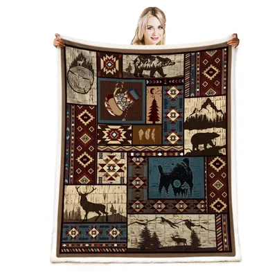 Rustic Bear Deer Blanket: Southwestern Wildlife Patchwork Design
