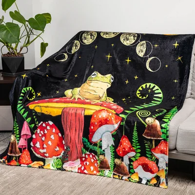 Frog Mushroom Moon Blanket: A Frog on a Red Cap Under the Phases