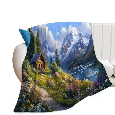 Mountain Blanket: A Serene Cabin and Lake Scene for Nature Lovers