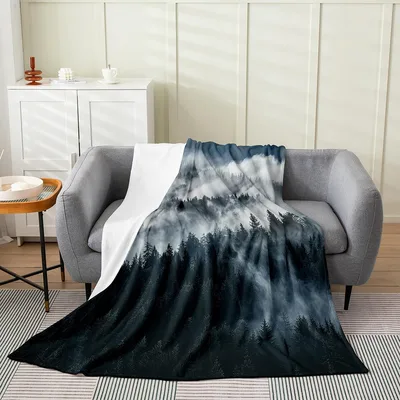 Misty Pine Forest Blanket: Smoky Mountain Fleece Throw