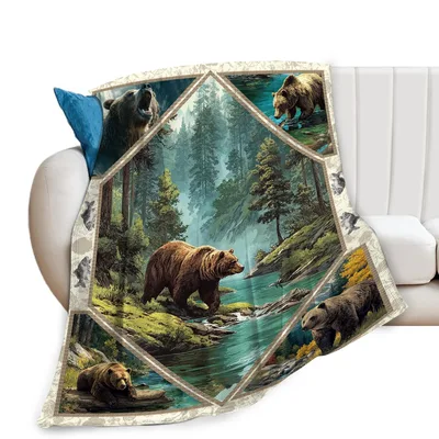 Bear Forest River Blanket: Wild Grizzly Scene with River and Trees