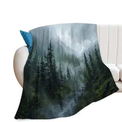 Misty Pine Forest Landscape Blanket: Enveloping Mountain Scene