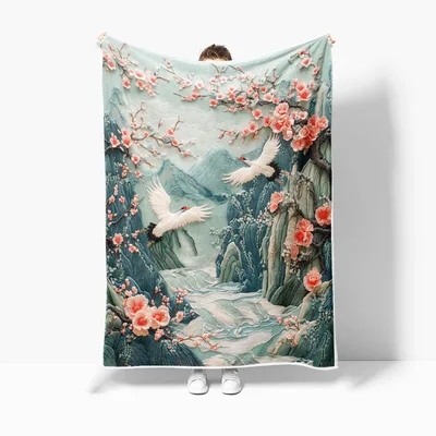 Cherry Print Blanket: Asian Crane and Cherry Blossom Landscape Design