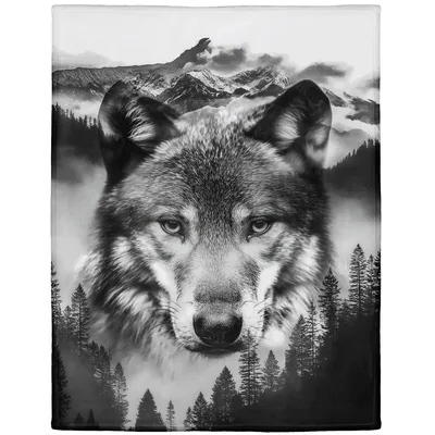 Wolf Mountain Forest Blanket: A Monochrome Wolf Portrait