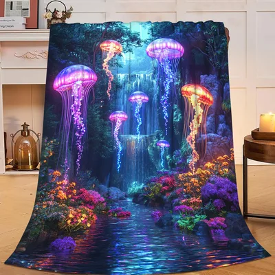 Jellyfish Fantasy Landscape Blanket features glowing purple
