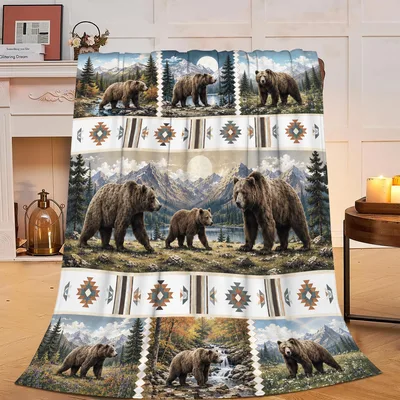 Bear Mountain Wildlife Blanket: Grizzly Bears and Geometric Borders