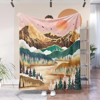 Mountain Lake Sunset Blanket: Cozy Nature Print for Hikers