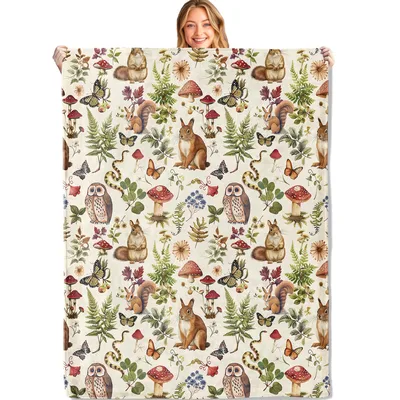 Woodland Animals Pattern Blanket: Squirrels, Owls, and Mushrooms
