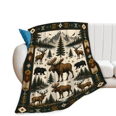 Rustic Cabin Wildlife Blanket: Lodge Style Deer and Moose Throw