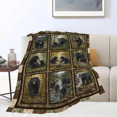 Black Bear Wildlife Nature Blanket featuring a collage of bear scenes