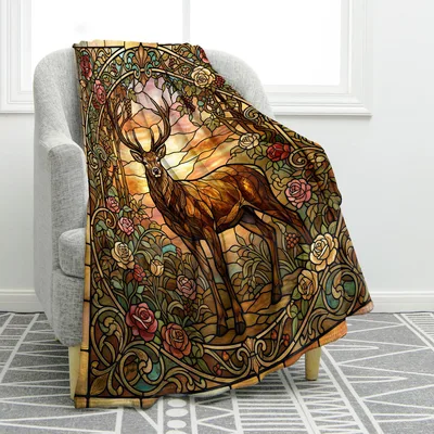 Stained Glass Deer Blanket: Rustic Floral Wildlife Art