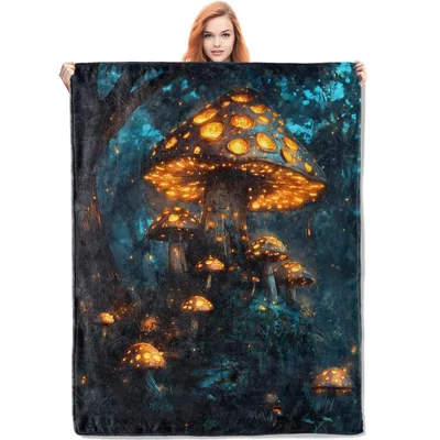 Mushroom Forest Scene Blanket: Glowing Fungi Fantasy Art