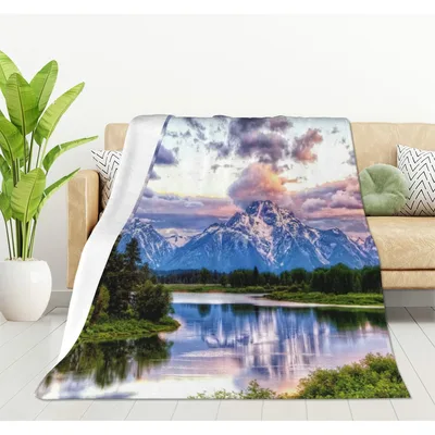 Mountain Lake Landscape Blanket features grand snowy peaks
