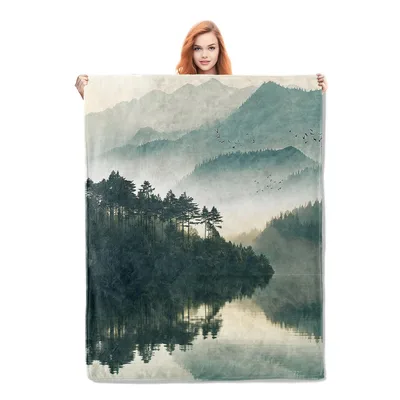 Misty Mountain Lake Landscape Blanket: Serene Nature Print for Home
