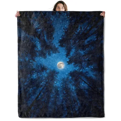 Night Sky Moon Forest Blanket featuring a starry blue sky