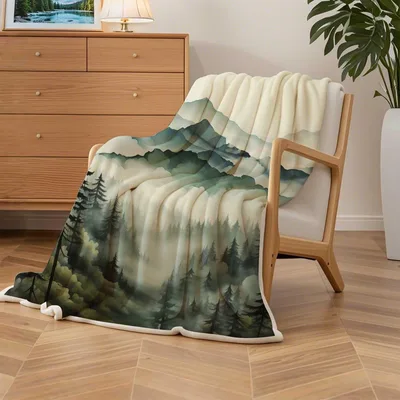 Misty Forest Mountains Blanket features a serene watercolor