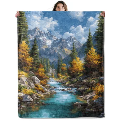 Mountain River Landscape Blanket: Snowy Peaks and Autumn Forest Scene