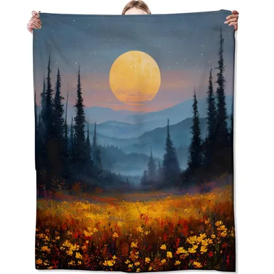 Full Moon Blanket: Golden Full Moon Forest Landscape Throw