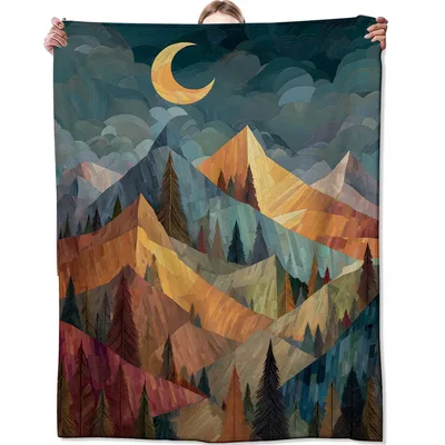 Mountain Landscape Moon Blanket: Geometric Peaks and Crescent Art