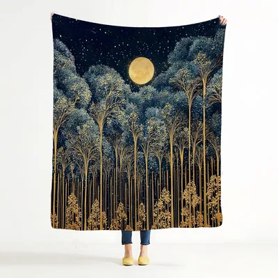 Moon Forest Nature Art Blanket: Vintage Woodland Moon Design