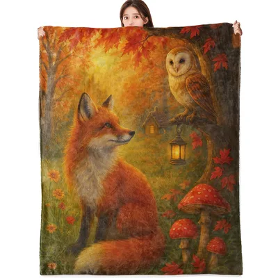 Fox Owl Autumn Forest Blanket featuring a red fox barn owl
