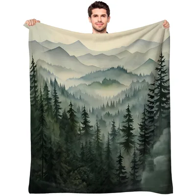 Misty Pine Forest Mountains Blanket: Serene Green Landscape Design
