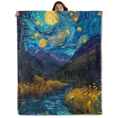 Starry Night Painting Blanket features a swirling blue sky