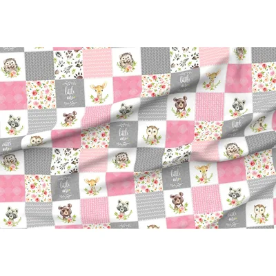 Woodland Animals Patchwork Blanket features raccoons owls